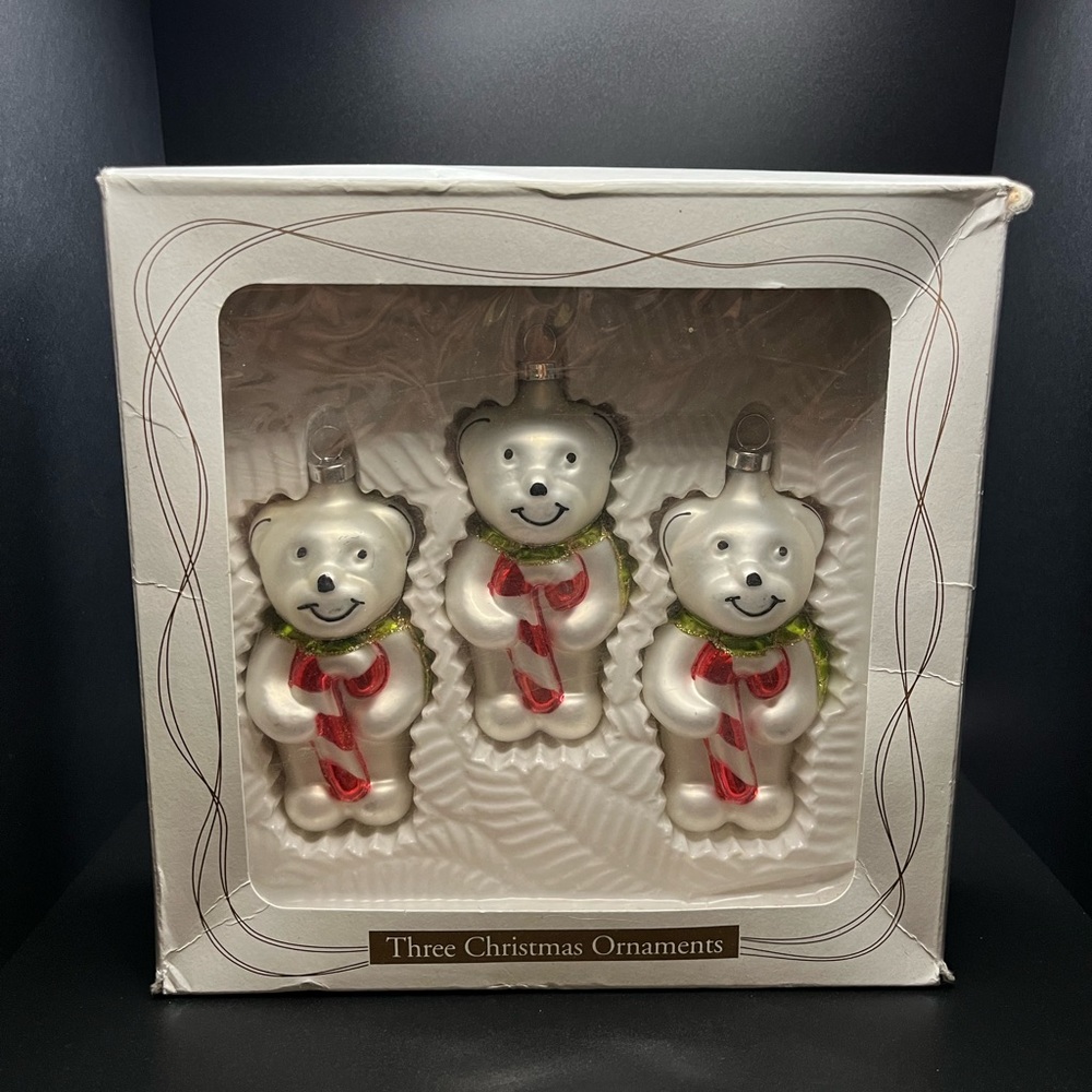 Vtg Bradford Glass White Bear With Candy Canes ornaments 1998